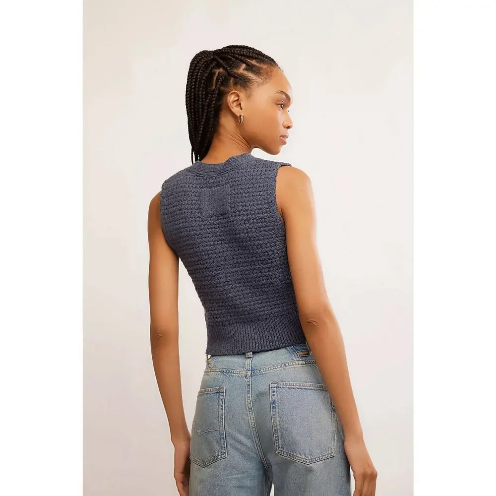 Free People Ava Knit Vest Blue XS Button-Up Sleeveless Shirt Vest Boho Chic